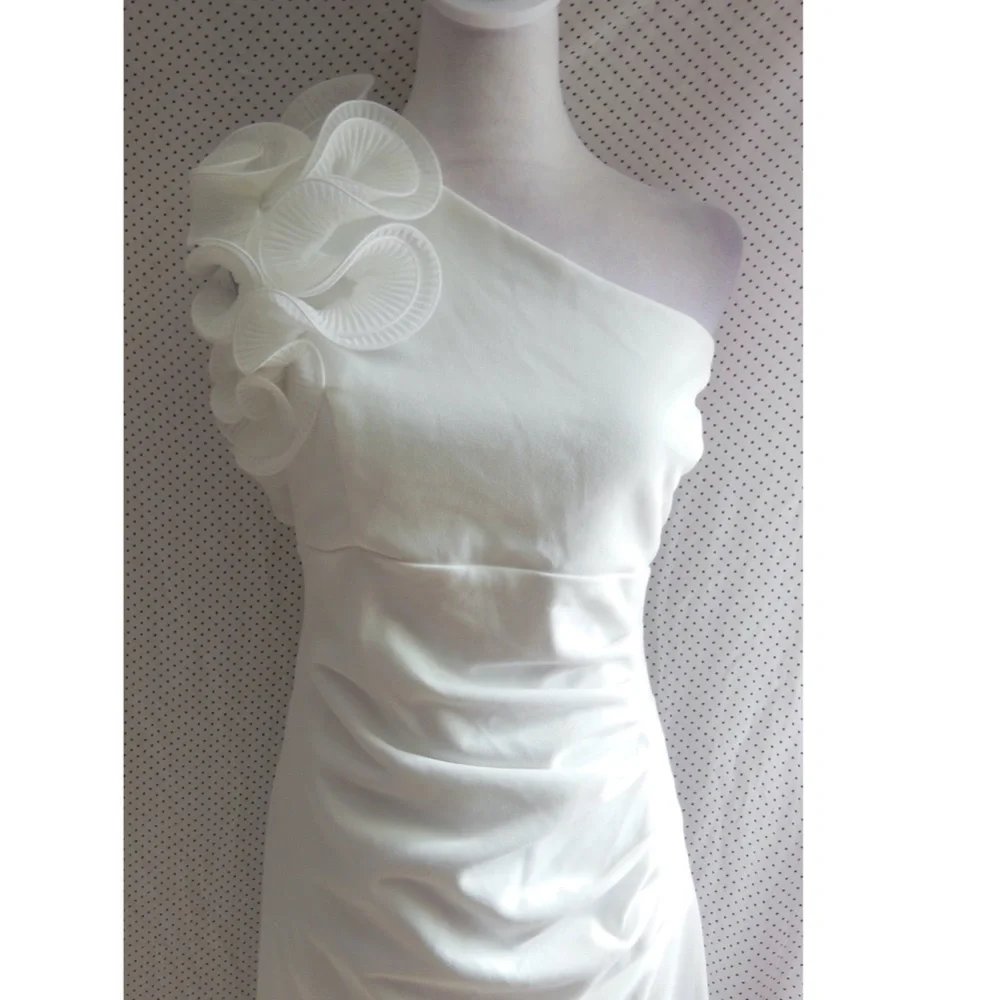 NEW XSCAPE White RUCHED Ruffled ONE SHOULDER Bridal SHEATH Midi DRESS 14 - Picture 5 of 11